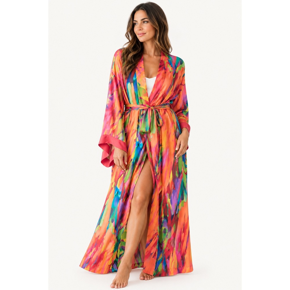Natori Robe Kimono Women's Large Abstract Watercolor Print Satin Belt Pockets